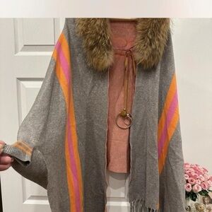 Cozy Gray Knit Poncho with Pink & Orange Stripes